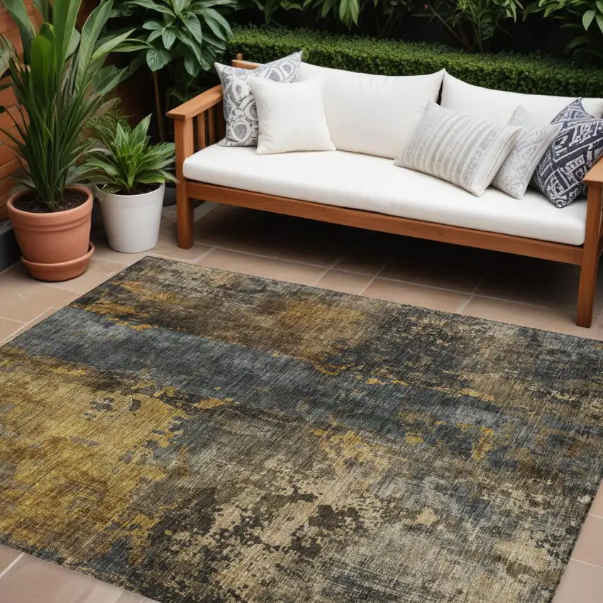 Gray Brown And Gold Abstract Washable Indoor Outdoor Area Rug Photo 1