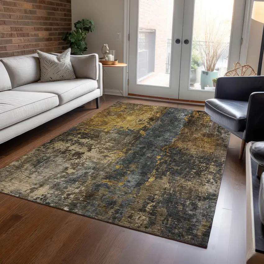 Gray Brown And Gold Abstract Washable Indoor Outdoor Area Rug Photo 9