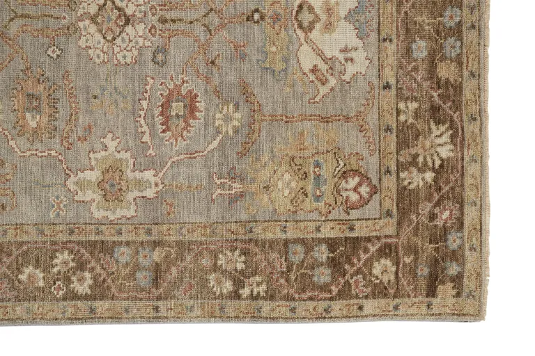 Gray Brown And Gold Wool Floral Hand Knotted Stain Resistant Area Rug With Fringe Photo 5
