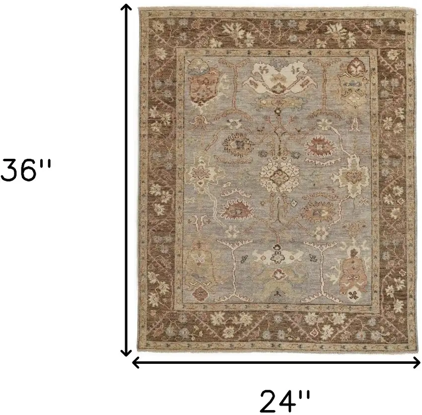 Brown and Ivory Wool Floral Hand Knotted Area Rug With Fringe Photo 3