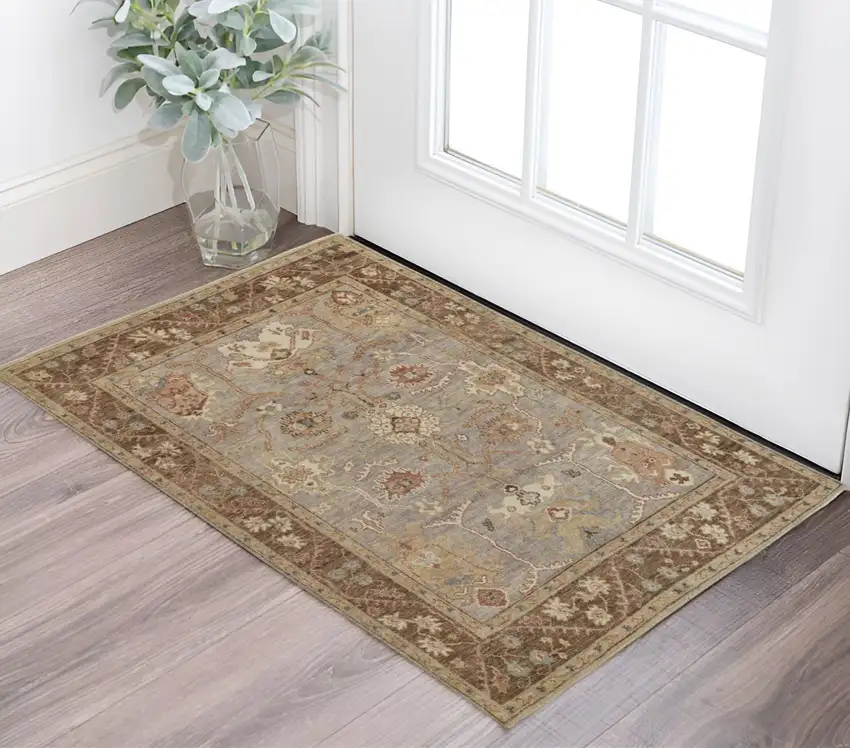 Brown and Ivory Wool Floral Hand Knotted Area Rug With Fringe Photo 1