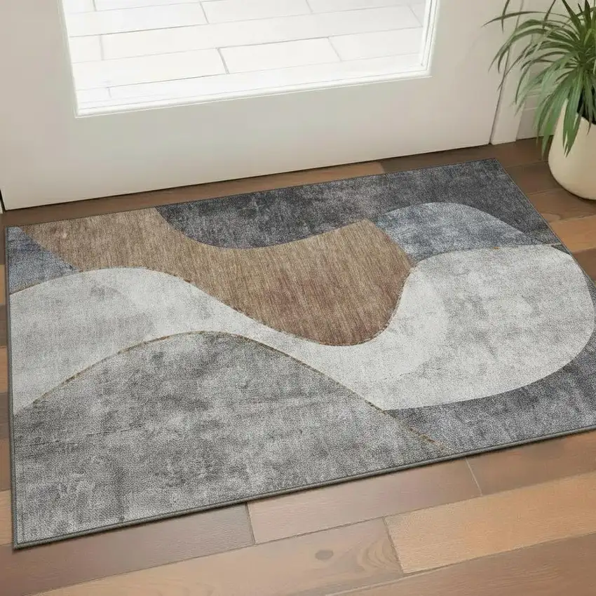 Gray Brown And Ivory Abstract Washable Area Rug With UV Protection Photo 1