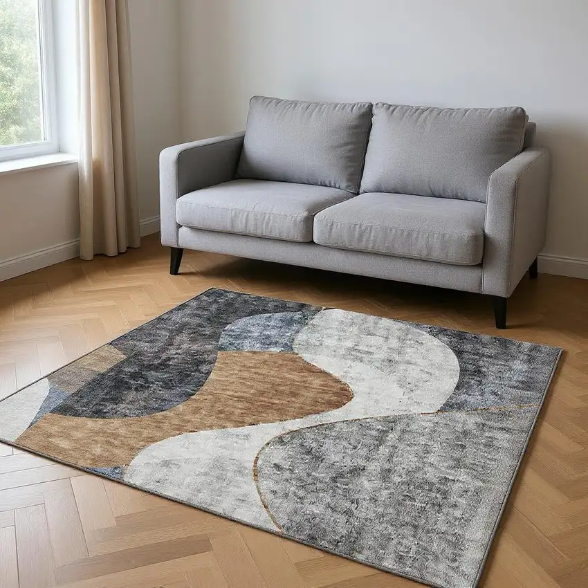 Gray Brown And Ivory Abstract Washable Area Rug With UV Protection Photo 2