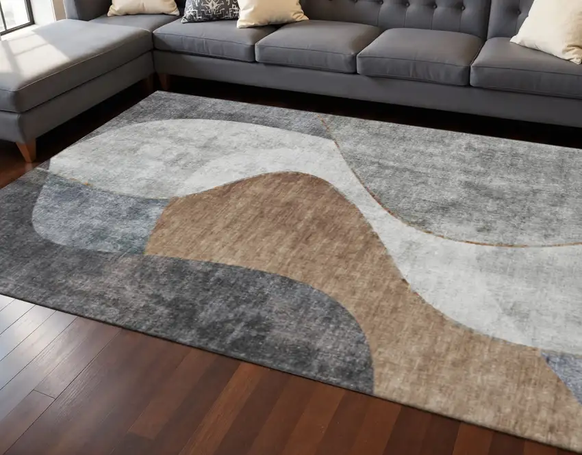 Gray Brown And Ivory Abstract Washable Area Rug With UV Protection Photo 1