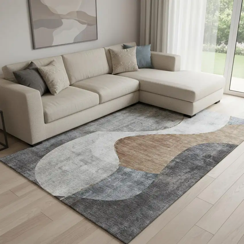 Gray Brown And Ivory Abstract Washable Area Rug With UV Protection Photo 1