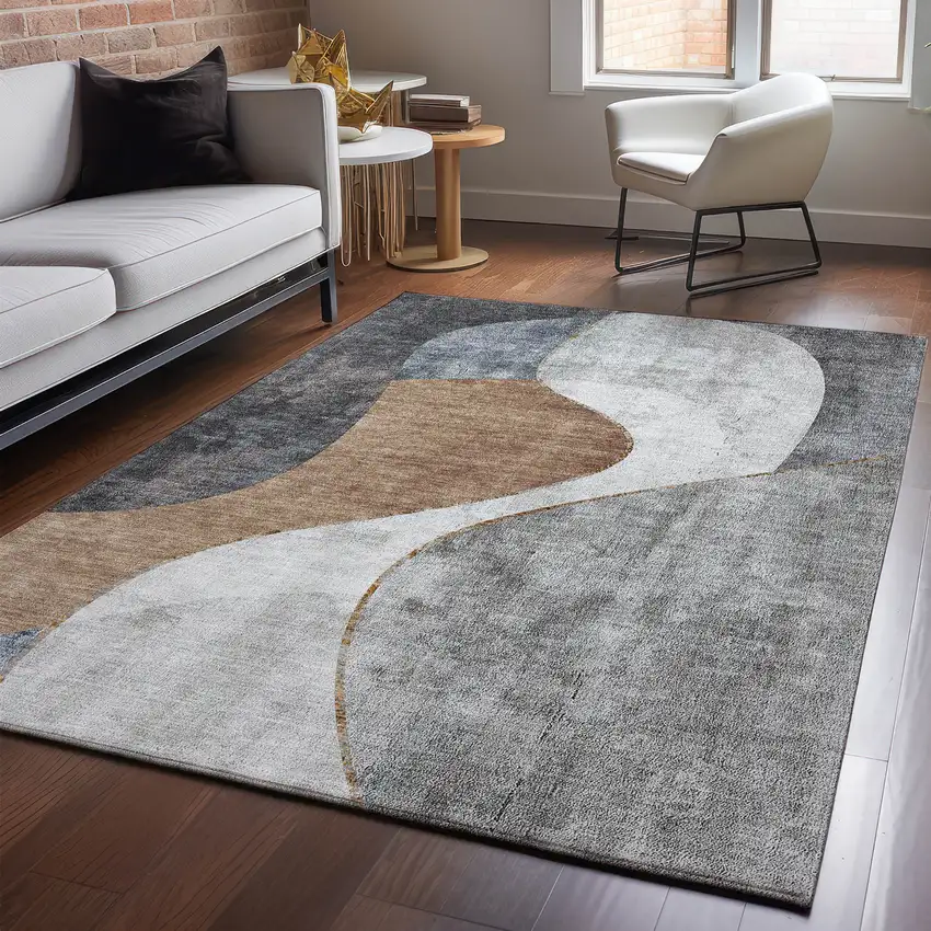 Gray Brown And Ivory Abstract Washable Area Rug With UV Protection Photo 4