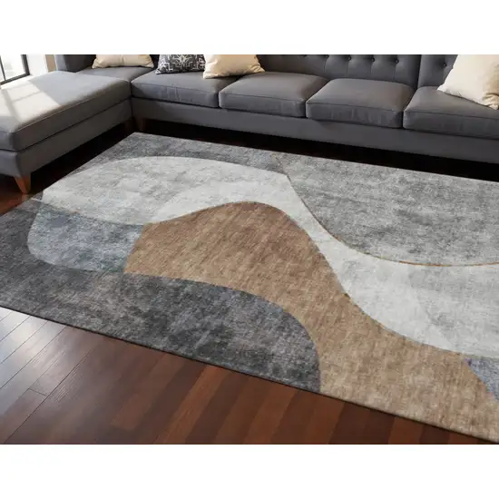 Gray Brown And Ivory Abstract Washable Area Rug With UV Protection Photo 1