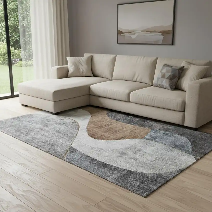 Gray Brown And Ivory Abstract Washable Area Rug With UV Protection Photo 1