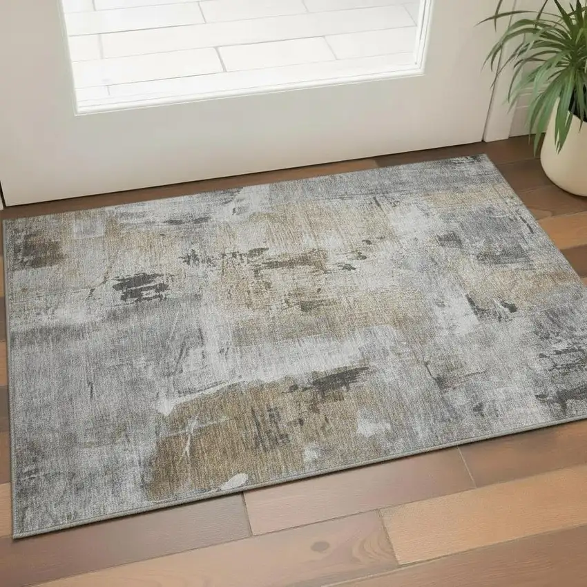 Gray Brown And Ivory Abstract Washable Area Rug With UV Protection Photo 2