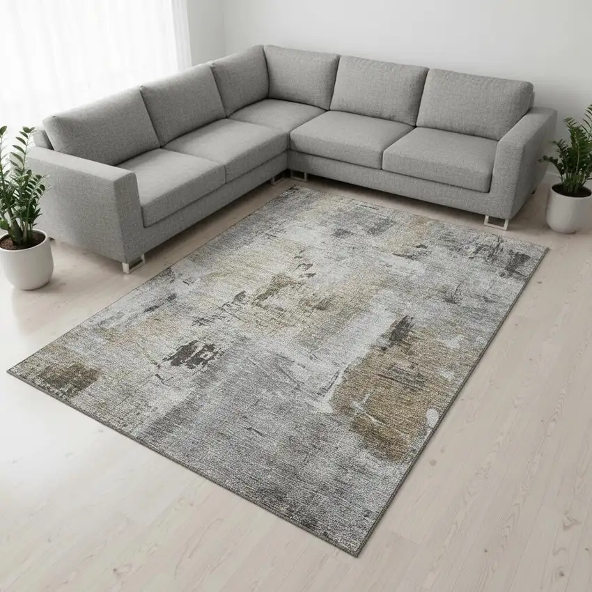Gray Brown And Ivory Abstract Washable Area Rug With UV Protection Photo 2