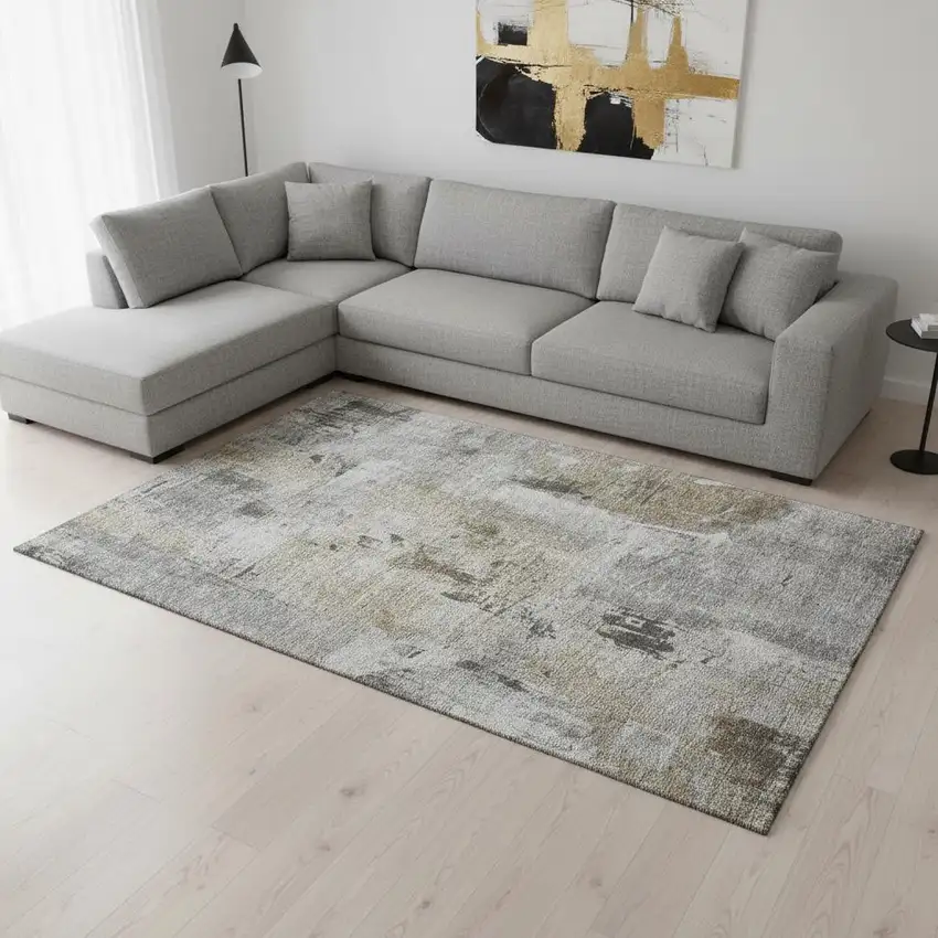 Gray Brown And Ivory Abstract Washable Area Rug With UV Protection Photo 2