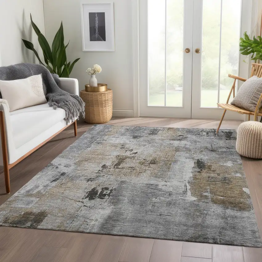 Gray Brown And Ivory Abstract Washable Area Rug With UV Protection Photo 4