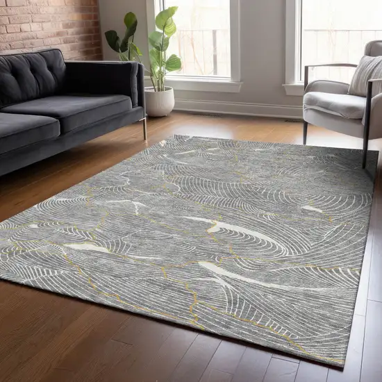 Gray Brown And Ivory Abstract Washable Indoor Outdoor Area Rug Photo 8