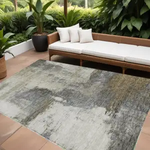 Photo of Gray Brown And Ivory Abstract Washable Indoor Outdoor Area Rug