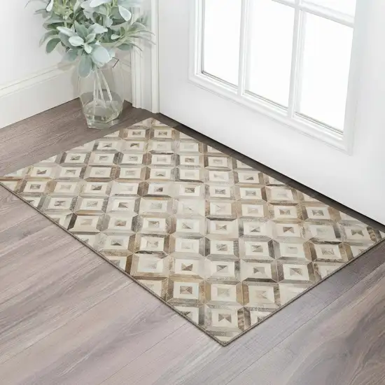 Gray Brown And Ivory Geometric Washable Area Rug With UV Protection Photo 1