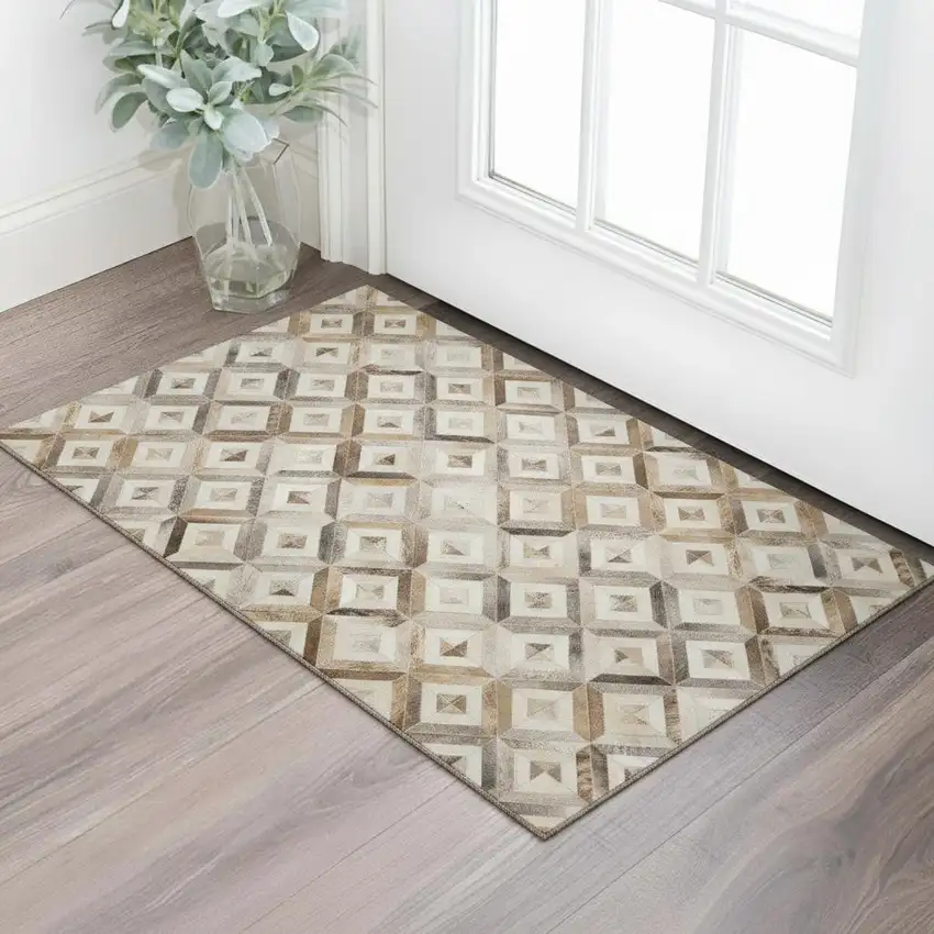 Gray Brown And Ivory Geometric Washable Area Rug With UV Protection Photo 1