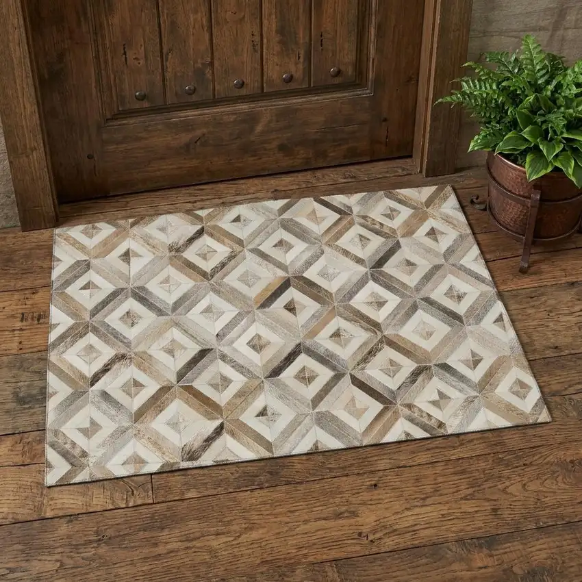 Gray Brown And Ivory Geometric Washable Area Rug With UV Protection Photo 1