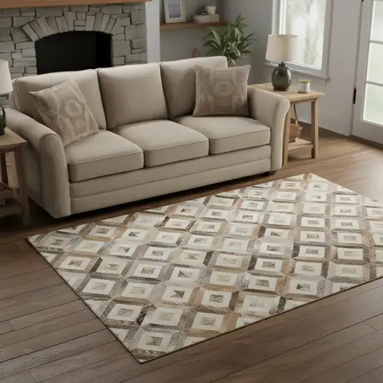 Gray Brown And Ivory Geometric Washable Area Rug With UV Protection Photo 1