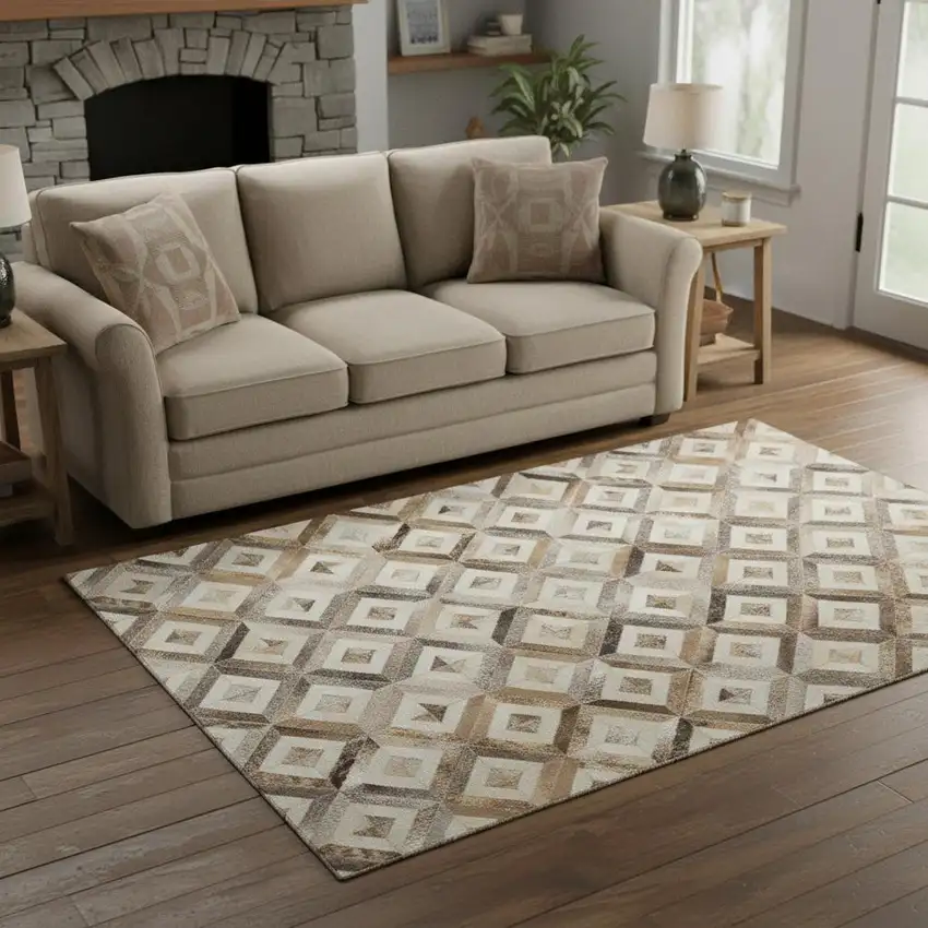 Gray Brown And Ivory Geometric Washable Area Rug With UV Protection Photo 1