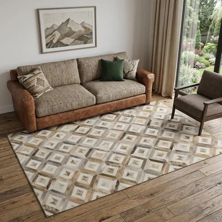 Gray Brown And Ivory Geometric Washable Area Rug With UV Protection Photo 1