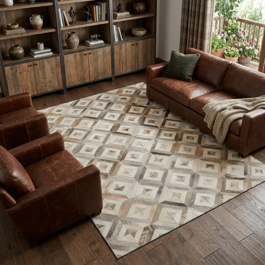 Gray Brown And Ivory Diamond Washable Area Rug With UV Protection Photo 1