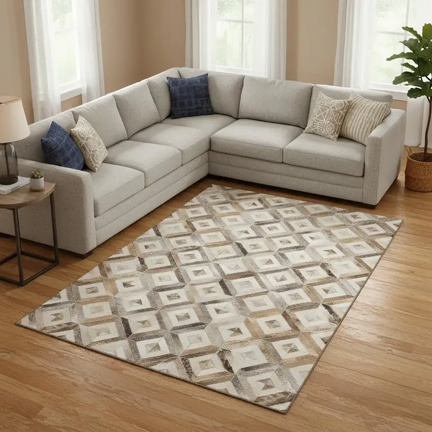 Gray Brown And Ivory Geometric Washable Area Rug With UV Protection Photo 1