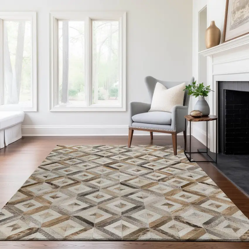 Gray Brown And Ivory Geometric Washable Area Rug With UV Protection Photo 5