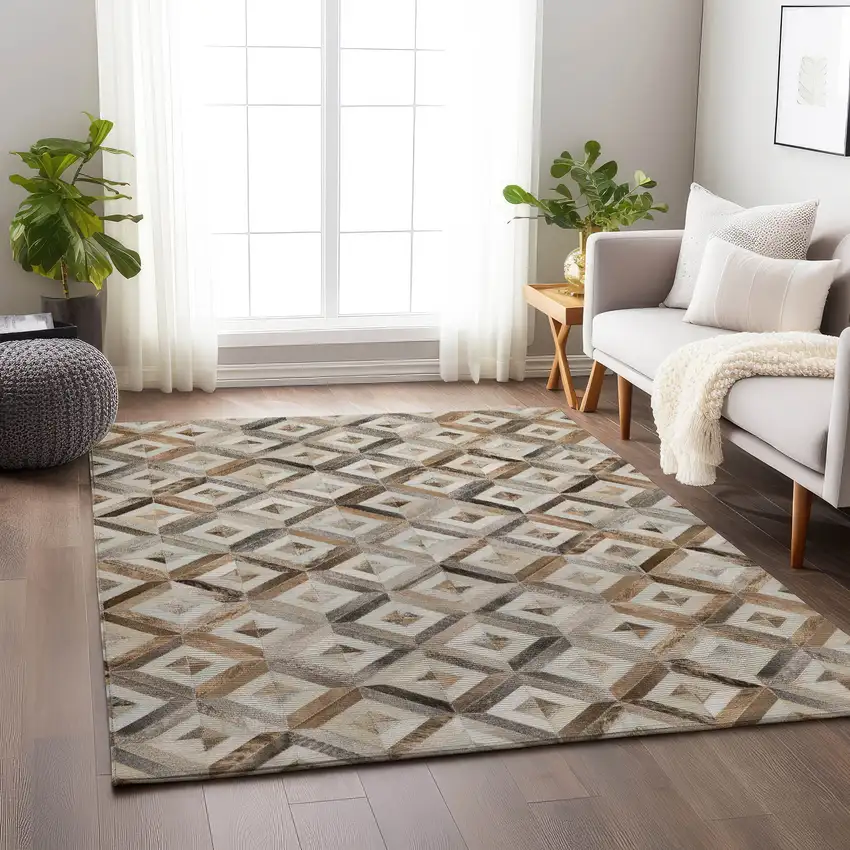 Gray Brown And Ivory Geometric Washable Area Rug With UV Protection Photo 4