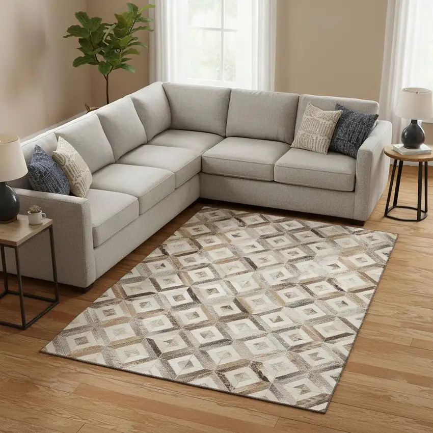 Gray Brown And Ivory Geometric Washable Area Rug With UV Protection Photo 1