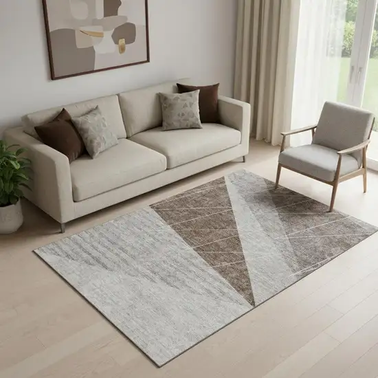 Gray Brown And Ivory Geometric Washable Area Rug With UV Protection Photo 1