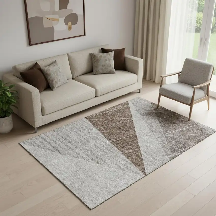 Gray Brown And Ivory Geometric Washable Area Rug With UV Protection Photo 1