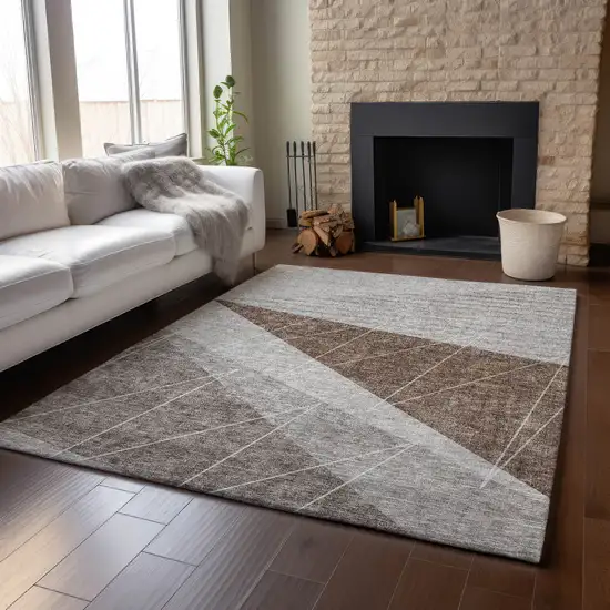 Gray Brown And Ivory Geometric Washable Area Rug With UV Protection Photo 5