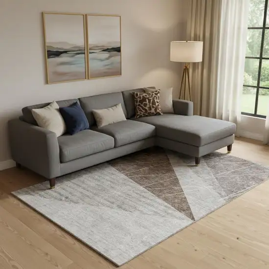 Gray Brown And Ivory Geometric Washable Area Rug With UV Protection Photo 1