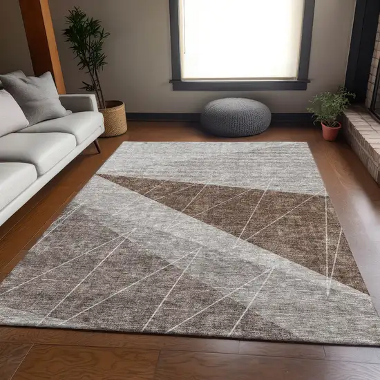Gray Brown And Ivory Geometric Washable Area Rug With UV Protection Photo 4