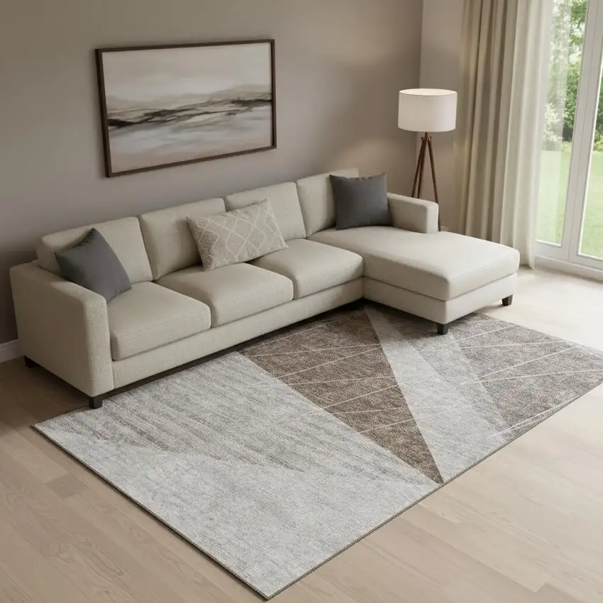 Gray Brown And Ivory Geometric Washable Area Rug With UV Protection Photo 1