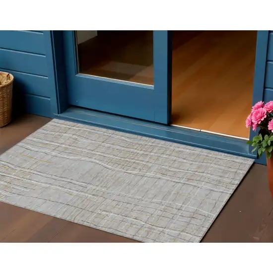Gray Brown And Ivory Striped Washable Indoor Outdoor Area Rug Photo 1