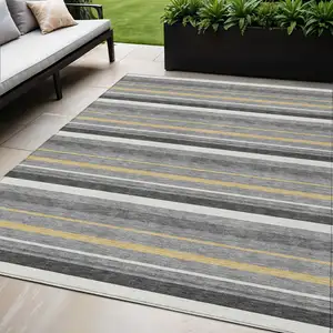 Photo of Gray Brown And Ivory Striped Washable Indoor Outdoor Area Rug
