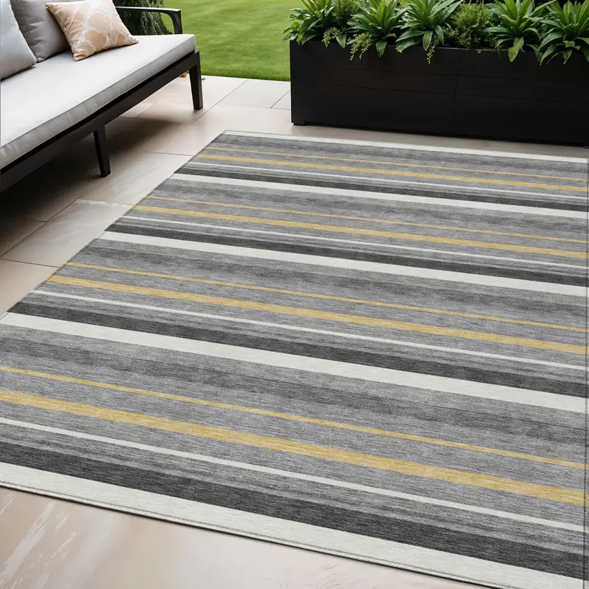 Gray Brown And Ivory Striped Washable Indoor Outdoor Area Rug Photo 1