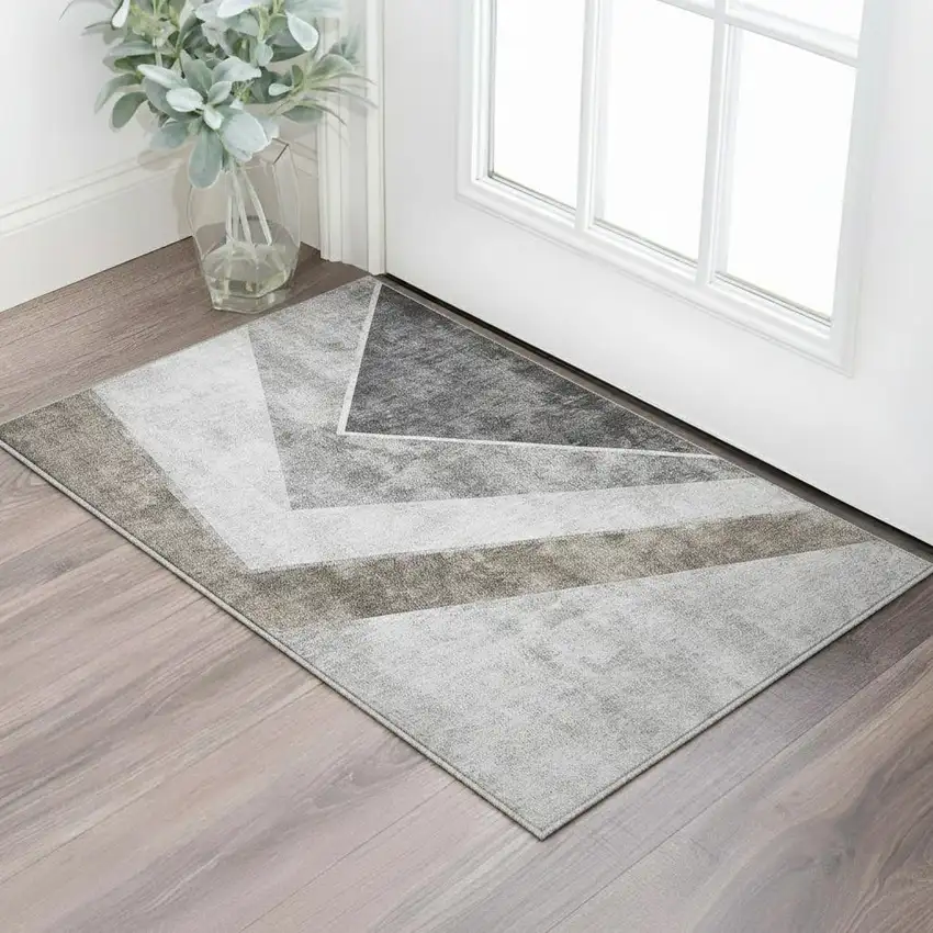 Gray Brown And Silver Geometric Washable Area Rug With UV Protection Photo 2