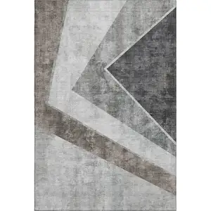 Photo of Gray Brown And Silver Geometric Washable Area Rug With UV Protection