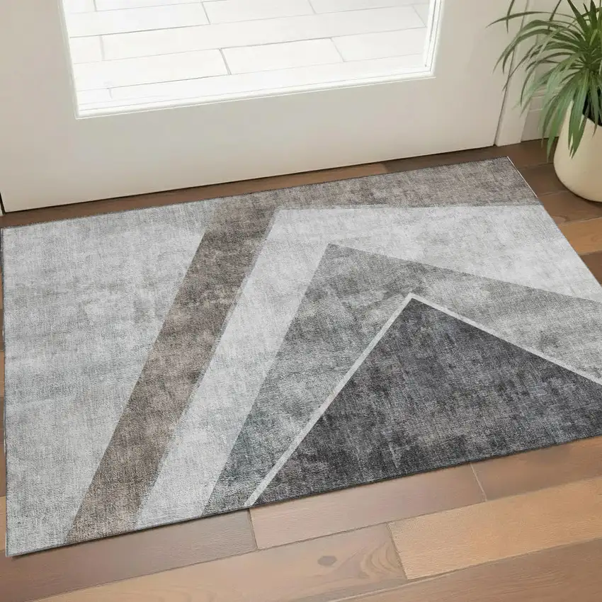 Gray Brown And Silver Geometric Washable Area Rug With UV Protection Photo 1
