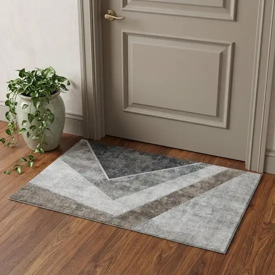 Gray Brown And Silver Geometric Washable Area Rug With UV Protection Photo 1