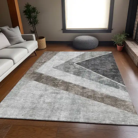 Gray Brown And Silver Geometric Washable Area Rug With UV Protection Photo 4