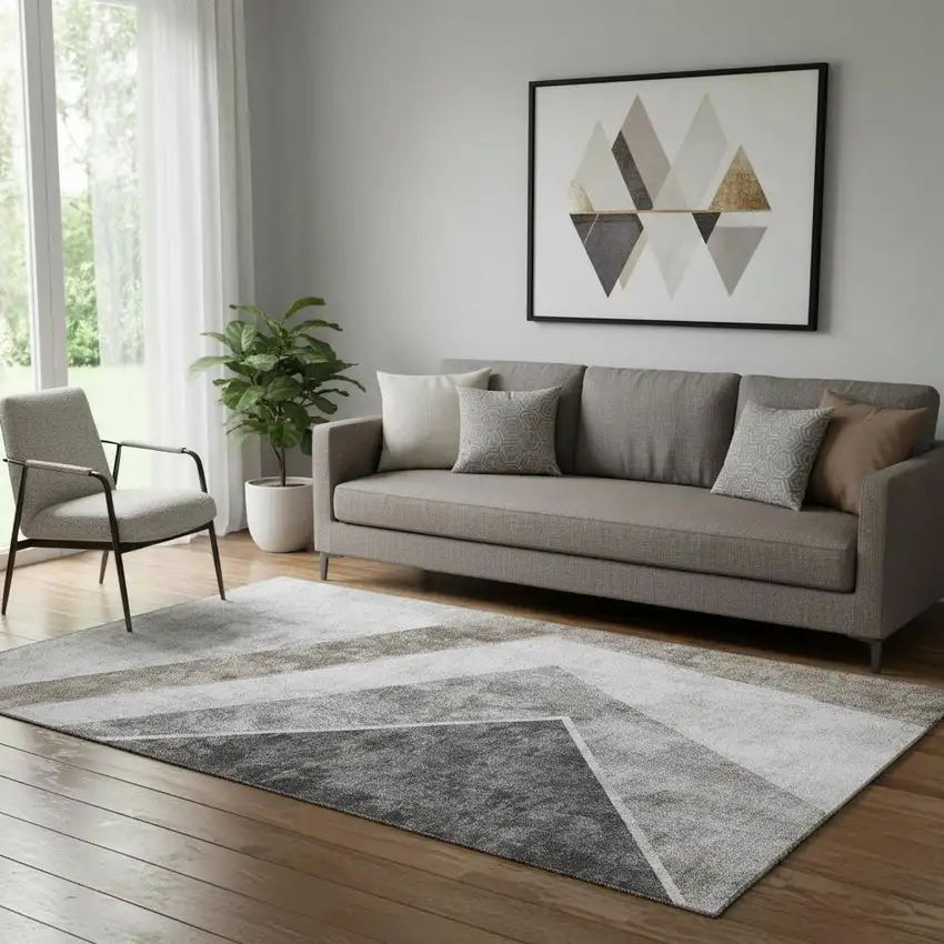 Gray Brown And Silver Geometric Washable Area Rug With UV Protection Photo 1