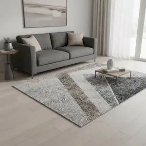 Photo of Gray Brown And Silver Geometric Washable Area Rug With UV Protection