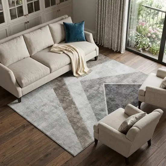 Gray Brown And Silver Geometric Washable Area Rug With UV Protection Photo 1