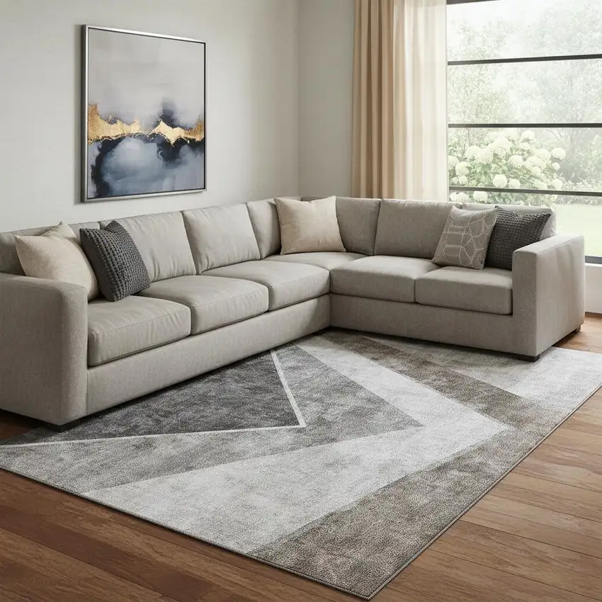 Gray Brown And Silver Geometric Washable Area Rug With UV Protection Photo 1