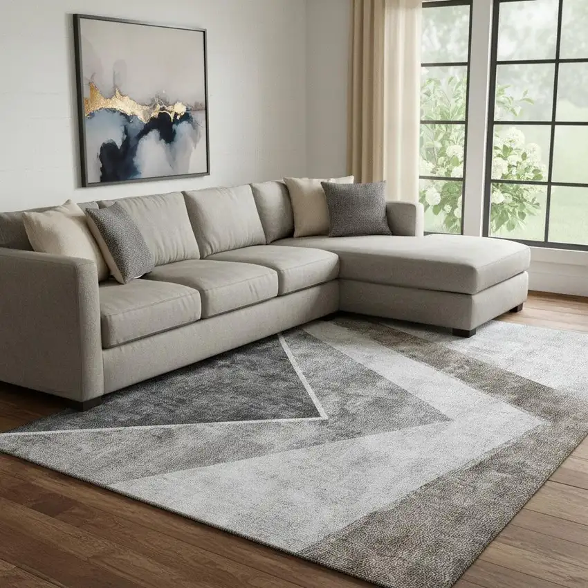 Gray Brown And Silver Geometric Washable Area Rug With UV Protection Photo 1