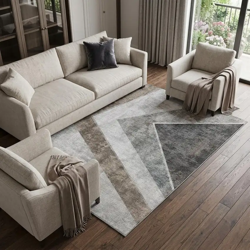 Gray Brown And Silver Geometric Washable Area Rug With UV Protection Photo 1