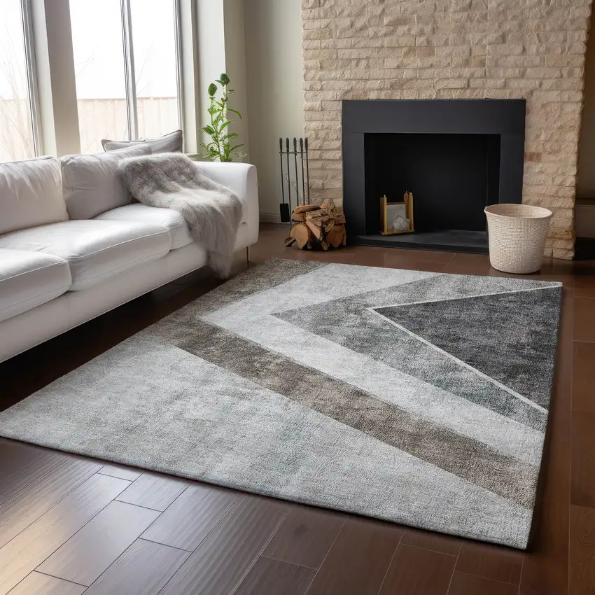 Gray Brown And Silver Geometric Washable Area Rug With UV Protection Photo 4